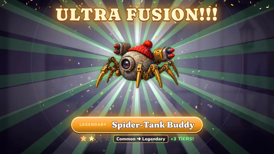 A Pet Rock and a Green Circuit fuse into the legendary Spider-Tank Buddy: ULTRA FUSION.