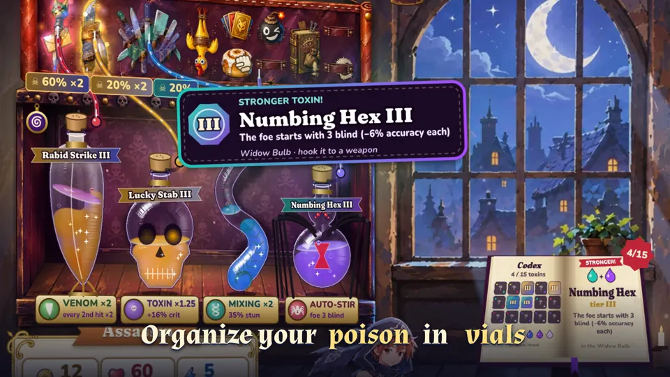 The Assassin's shop: toxins poured into shaped vials, the Numbing Hex III recipe on screen.