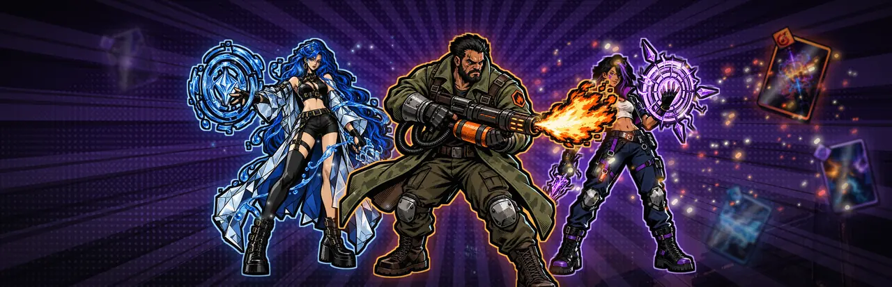 Blue Warden, Ash Vector and Violet Arc stand together against violet comic rays.