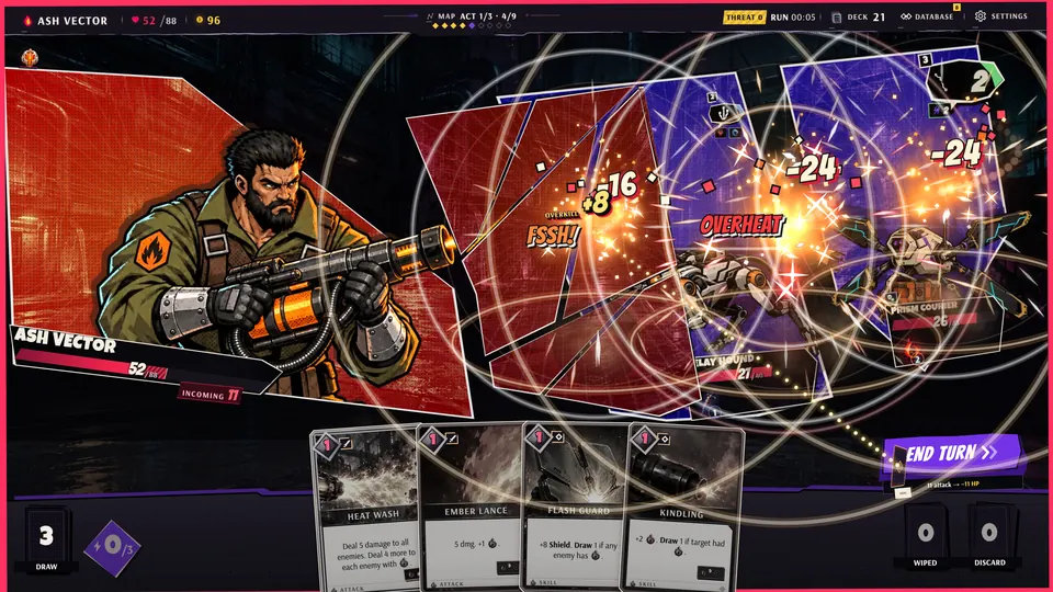 Three runners trigger a triple Overheat in a comic-panel fight.